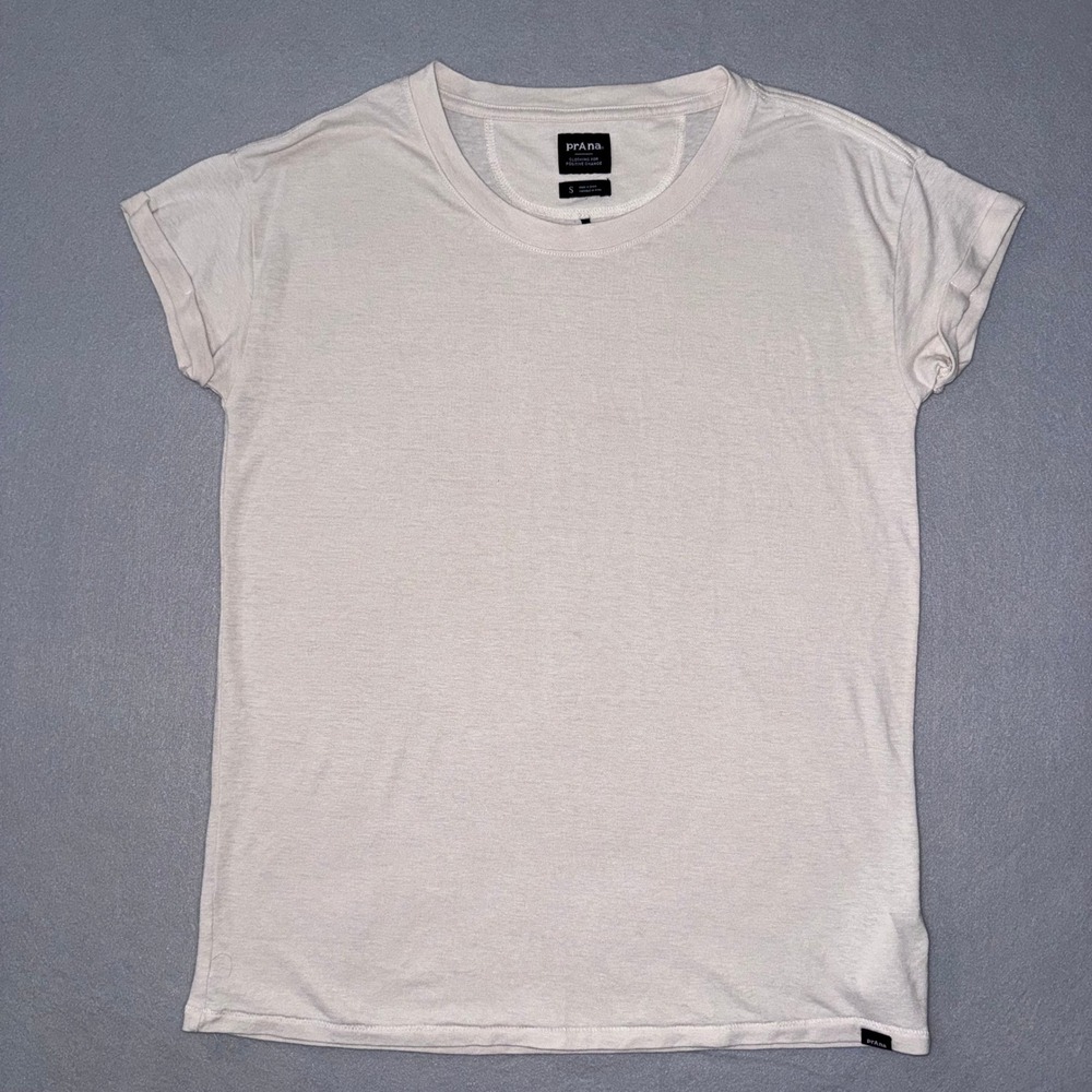 Prana Womens Hemp Blend Short Sleeve Rolled Cuff T-Shirt Oatmeal Beige Small